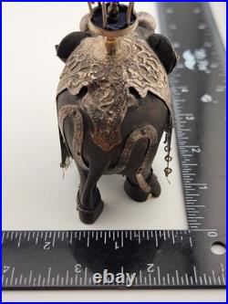 Rare Antique Indian Ebony Silver Overlay Jeweled Elephant W Real Ruby Stone