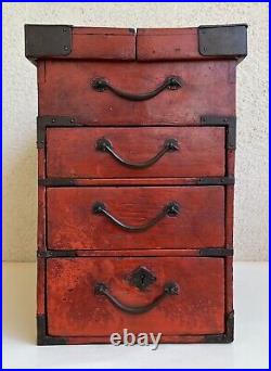 Rare Antique Japanese/ Korean Red Lacquered Sewing Box with Drawers. Circa 1900