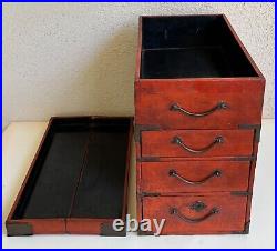 Rare Antique Japanese/ Korean Red Lacquered Sewing Box with Drawers. Circa 1900