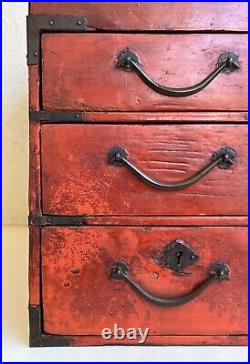 Rare Antique Japanese/ Korean Red Lacquered Sewing Box with Drawers. Circa 1900