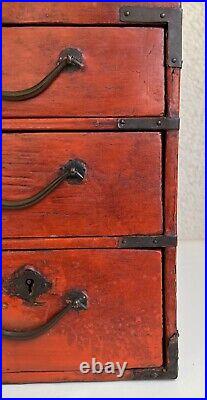 Rare Antique Japanese/ Korean Red Lacquered Sewing Box with Drawers. Circa 1900