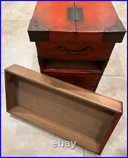 Rare Antique Japanese/ Korean Red Lacquered Sewing Box with Drawers. Circa 1900