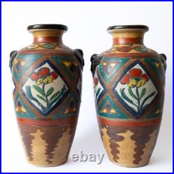 Rare Antique Japanese Rustic Majolica Style Export Satsuma Vases Early 20th C