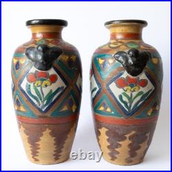 Rare Antique Japanese Rustic Majolica Style Export Satsuma Vases Early 20th C