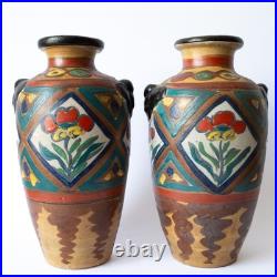 Rare Antique Japanese Rustic Majolica Style Export Satsuma Vases Early 20th C