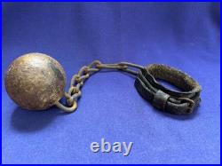 Rare Antique Leather Shackle Wooden Ball And Iron Chain Well Worn Very Old Early