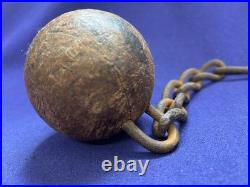 Rare Antique Leather Shackle Wooden Ball And Iron Chain Well Worn Very Old Early