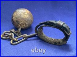 Rare Antique Leather Shackle Wooden Ball And Iron Chain Well Worn Very Old Early