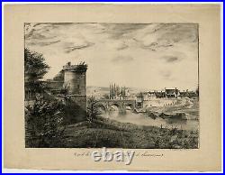Rare Antique Master Print-EARLY LITHO-BRIDGE OVER AISNE-SOISSONS-Gaffanti-c. 1821