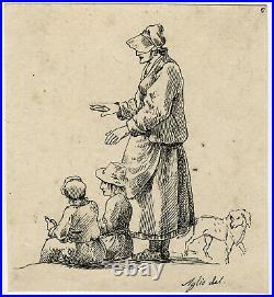 Rare Antique Master Print-GENRE-EARLY LITHOGRAPHY-WOMAN-CHILD-DOG-Aglio-ca. 1810