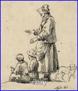 Rare Antique Master Print-GENRE-EARLY LITHOGRAPHY-WOMAN-CHILD-DOG-Aglio-ca. 1810 Rare Antique Master Print-GENRE-EARLY LITHOGRAPHY-WOMAN-CHILD-DOG-Aglio-ca. 1810