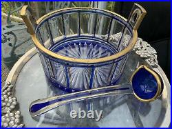 Rare Antique Moser Czech Cobalt Cut To Clear Gilded Panelled Punch Bowl Ladel