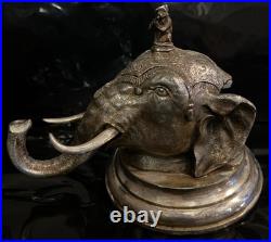 Rare Antique Silver Elephant Inkwell with Bronze Flautist Monkey