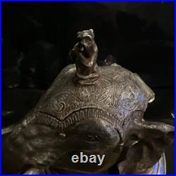 Rare Antique Silver Elephant Inkwell with Bronze Flautist Monkey