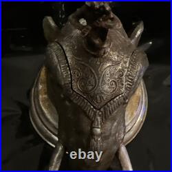 Rare Antique Silver Elephant Inkwell with Bronze Flautist Monkey
