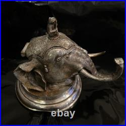 Rare Antique Silver Elephant Inkwell with Bronze Flautist Monkey