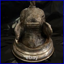 Rare Antique Silver Elephant Inkwell with Bronze Flautist Monkey