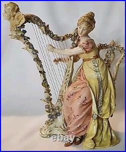 Rare Antique Strasbourg Porzellanmalerei AG Woman Playing The Harp 7 Tall EUC