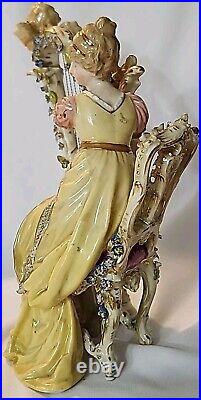 Rare Antique Strasbourg Porzellanmalerei AG Woman Playing The Harp 7 Tall EUC