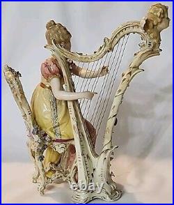 Rare Antique Strasbourg Porzellanmalerei AG Woman Playing The Harp 7 Tall EUC