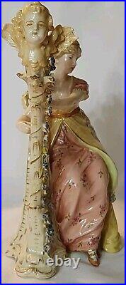 Rare Antique Strasbourg Porzellanmalerei AG Woman Playing The Harp 7 Tall EUC