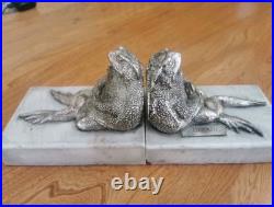 Rare Antique Toad Bookends Silvered Copper On Marble Bases SUZANNE BIZARD 1920's