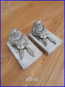 Rare Antique Toad Bookends Silvered Copper On Marble Bases SUZANNE BIZARD 1920's