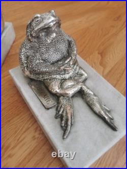 Rare Antique Toad Bookends Silvered Copper On Marble Bases SUZANNE BIZARD 1920's