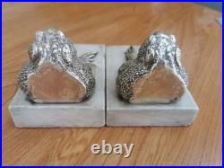 Rare Antique Toad Bookends Silvered Copper On Marble Bases SUZANNE BIZARD 1920's