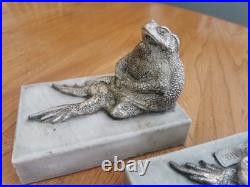 Rare Antique Toad Bookends Silvered Copper On Marble Bases SUZANNE BIZARD 1920's