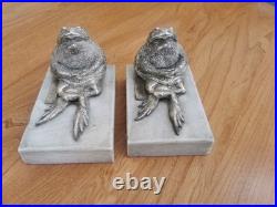 Rare Antique Toad Bookends Silvered Copper On Marble Bases SUZANNE BIZARD 1920's