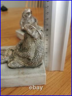 Rare Antique Toad Bookends Silvered Copper On Marble Bases SUZANNE BIZARD 1920's