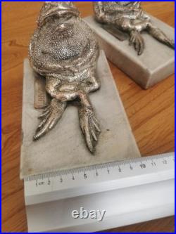 Rare Antique Toad Bookends Silvered Copper On Marble Bases SUZANNE BIZARD 1920's