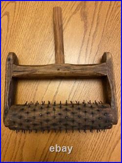 Rare! Antique Treen Cracker Biscuit Pricker Rolling Pin Early Wood Wire Tool