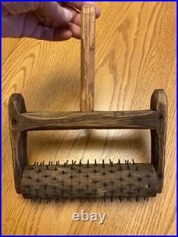 Rare! Antique Treen Cracker Biscuit Pricker Rolling Pin Early Wood Wire Tool