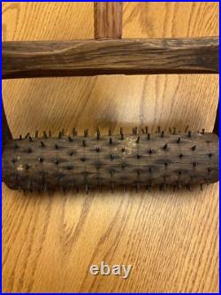 Rare! Antique Treen Cracker Biscuit Pricker Rolling Pin Early Wood Wire Tool