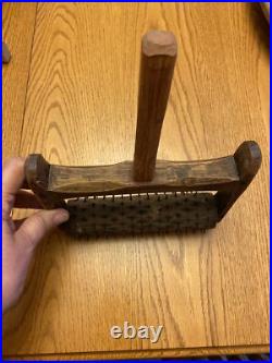 Rare! Antique Treen Cracker Biscuit Pricker Rolling Pin Early Wood Wire Tool