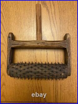 Rare! Antique Treen Cracker Biscuit Pricker Rolling Pin Early Wood Wire Tool