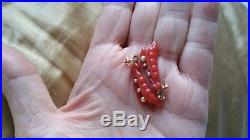 Rare! Antique Victorian 9ct Gold Earrings Very Early Plastic Coral Seed Pearls