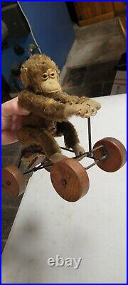 Rare Antique early Steiff Record Peter Pull Toy Jocko Monkey on Wheels Mohair