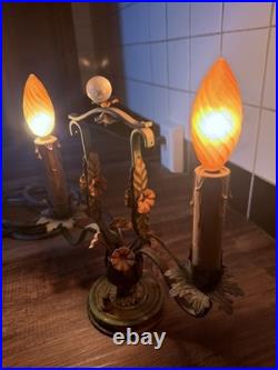 Rare Antique late 1800-early 19th Century French Brass Lamps with metal Flowers