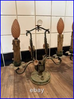 Rare Antique late 1800-early 19th Century French Brass Lamps with metal Flowers