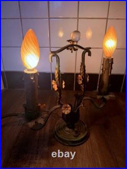 Rare Antique late 1800-early 19th Century French Brass Lamps with metal Flowers Rare Antique late 1800-early 19th Century French Brass Lamps with metal Flowers