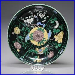 Rare Ca 1700 Early Kangxi Chinese Porcelain Black-ground Dish Birds Flower