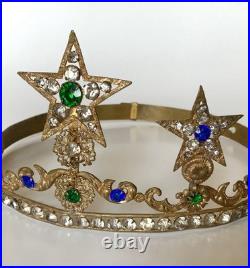 Rare Early 1800s Antique French Rhinestone Jeweled Star Crown Tiara