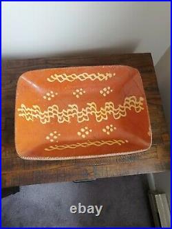Rare Early 1800s Philadelphia Redware Slip Decorated Loaf Dish Coggled Edge HUGE