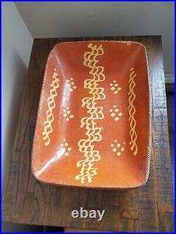 Rare Early 1800s Philadelphia Redware Slip Decorated Loaf Dish Coggled Edge HUGE
