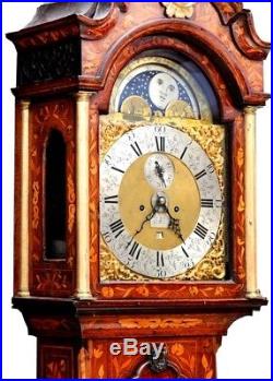 Rare Early 18th Century Dutch Marquetry Alarm Moon Phase 2 Bells Longcase Clock