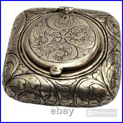 Rare Early 1900s Engraved 900 Silver Pocket Ashtray Box