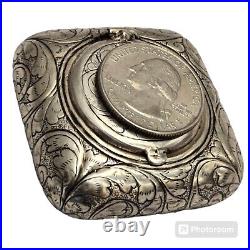 Rare Early 1900s Engraved 900 Silver Pocket Ashtray Box